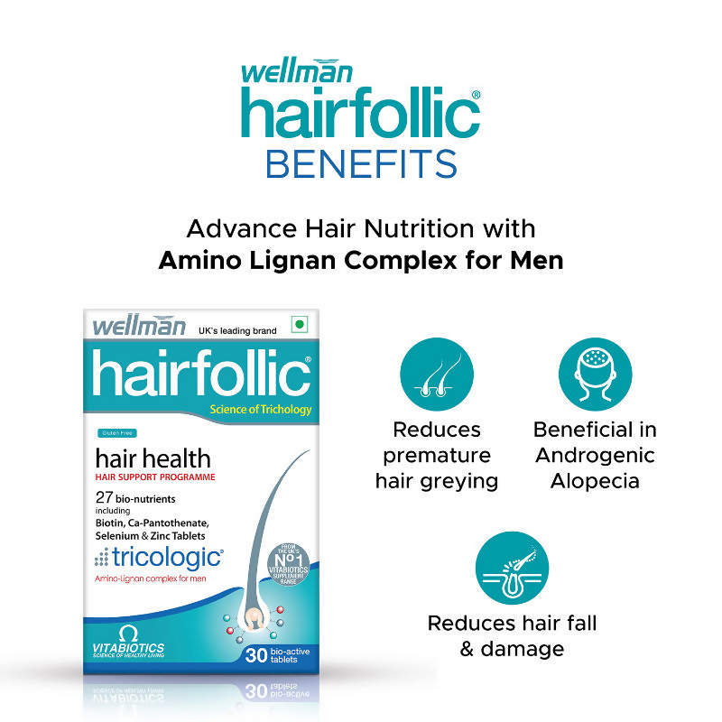 Wellman Hairfollic UK's No.1 Hair Supplement Tablets For Men ( Tricologic Formula 30 Vitamins & Minerals) | Grocsy