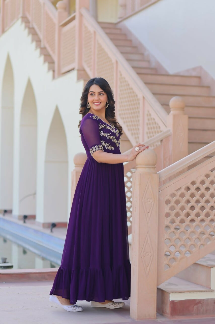 Teeya Creation Purple Color Faux Georgette Party Wear Hand Embroidery Work Long Gown | Grocsy