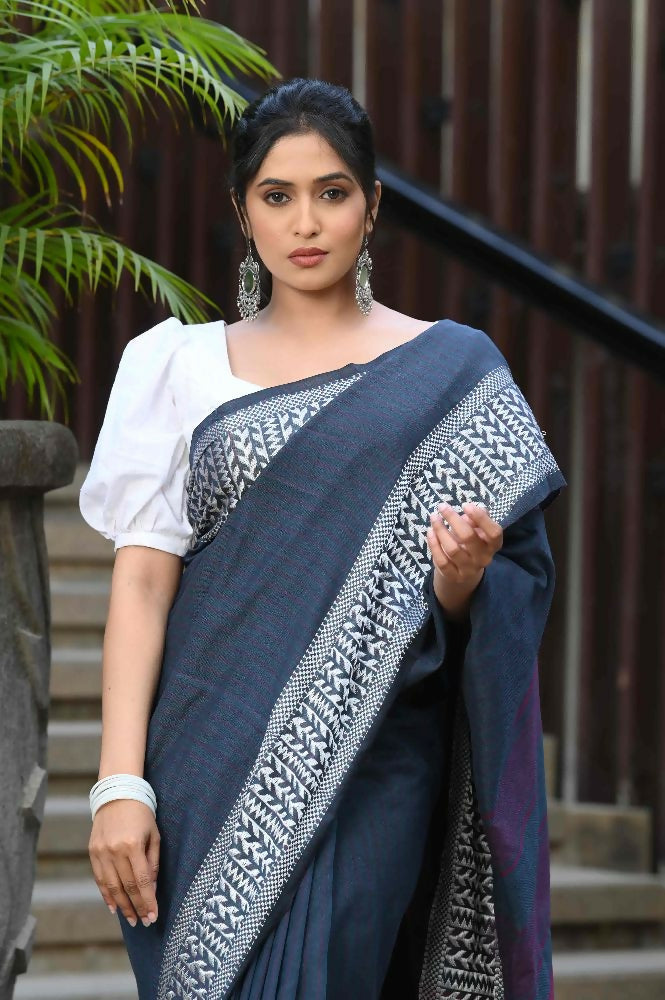 Beatitude Blue Cotton Jacquard Border Tangail Handloom Saree | Grocsy