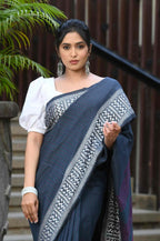 Beatitude Blue Cotton Jacquard Border Tangail Handloom Saree | Grocsy