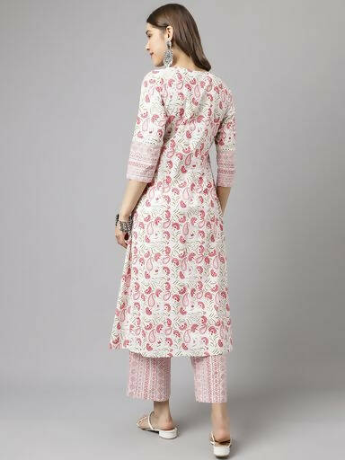 FIORRA Women's White Cotton A-line Kurta with Palazzo | Grocsy