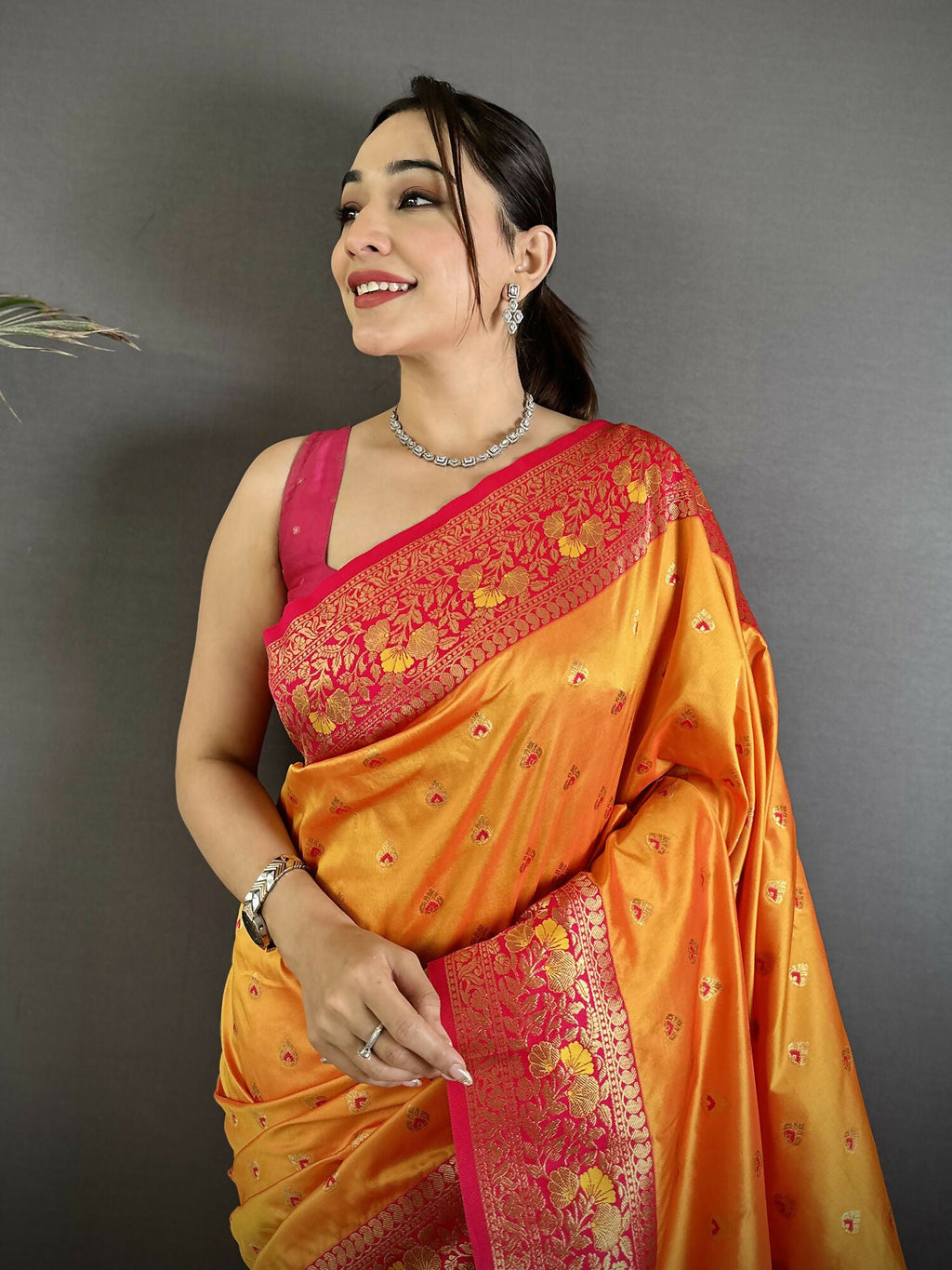 Joban Fashion Orange Intricate Motifs Soft Silk Banarasi Saree | Grocsy