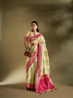 Joban Fashion Cream & Sea Green Plain With Weaving Border Banarasi Silk Sarees | Grocsy