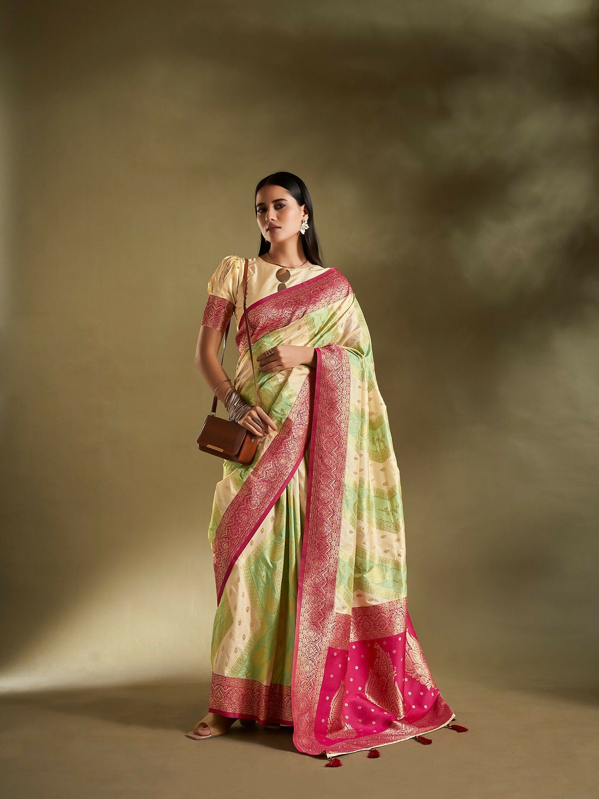Joban Fashion Cream & Sea Green Plain With Weaving Border Banarasi Silk Sarees | Grocsy