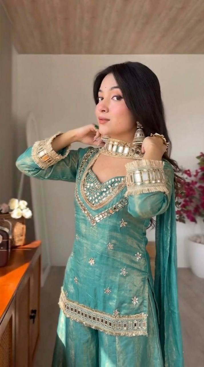 Teeya Creation New Trendy Stylish Real Mirror Work With Lace Border Teal Kurta Set | Grocsy