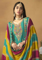 Chinnon Silk Turquoise Salwar Suit with Multicolor Dupatta - Emponline | Grocsy