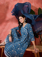 Joban Fashion Printed Blue Pure Cotton Kurta Set | Grocsy