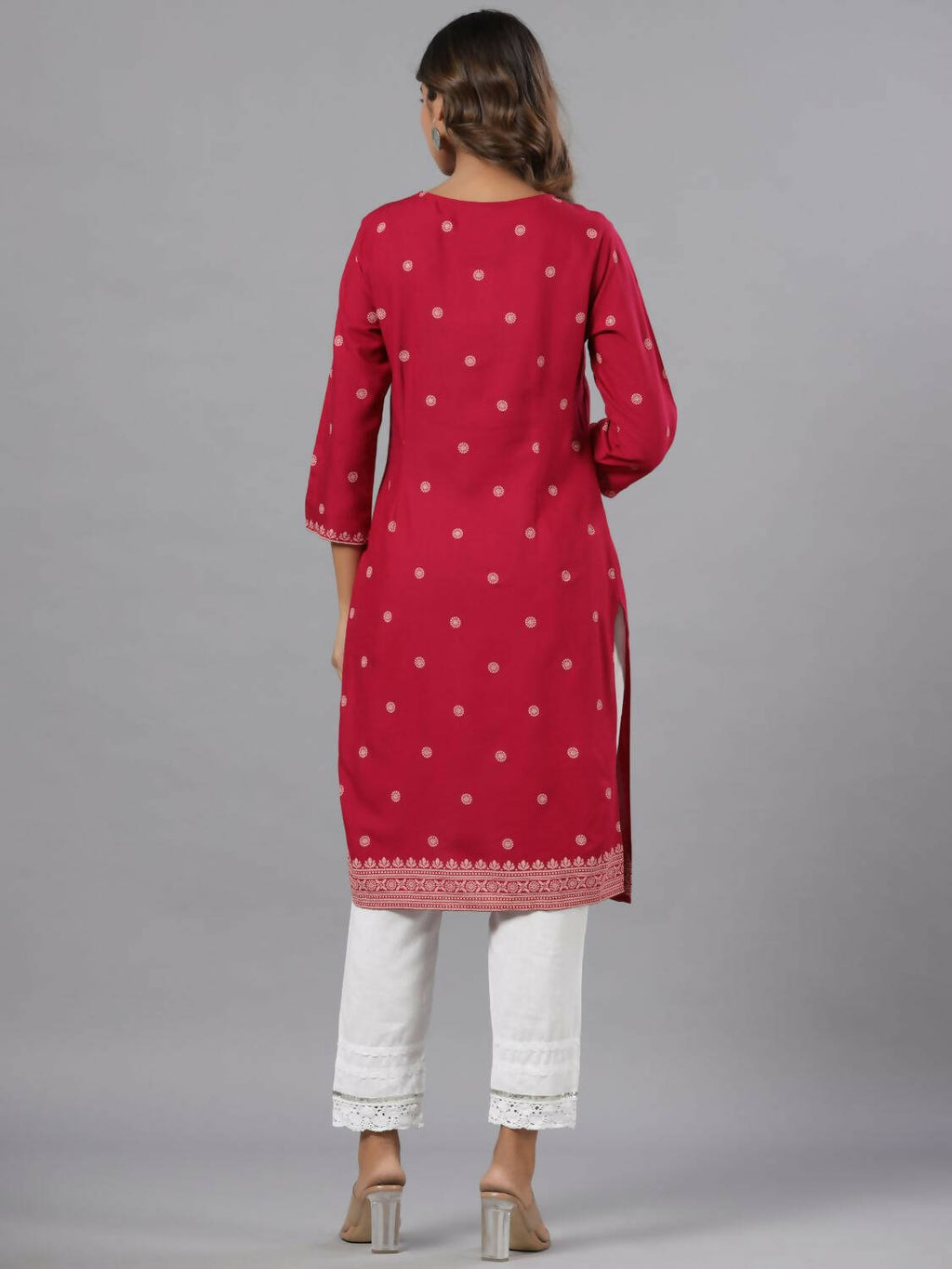Juniper Women Fuchsia Rayon Printed Knee Length Straight Kurta | Grocsy