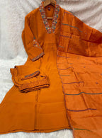 Teeya Creation Orange Silk Kurta Pant Set With Scalloped Dupatta | Grocsy