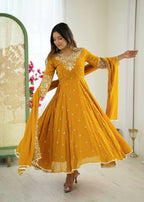 Teeya Creation Yellow Color Faux georgette Embroidery Work Wedding Wear Gown | Grocsy