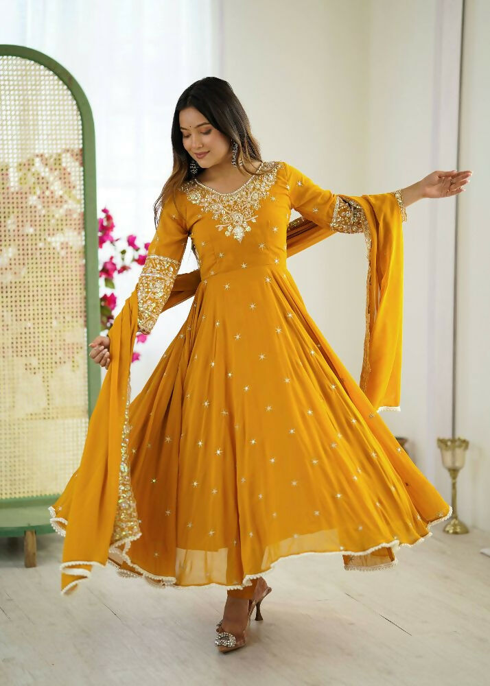 Teeya Creation Yellow Color Faux georgette Embroidery Work Wedding Wear Gown | Grocsy