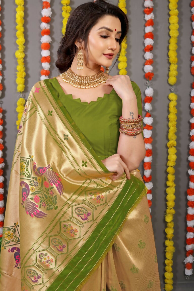 Jyoti Fashion Women's Green Paithani Silk Zari Woven Saree with Blouse | Grocsy