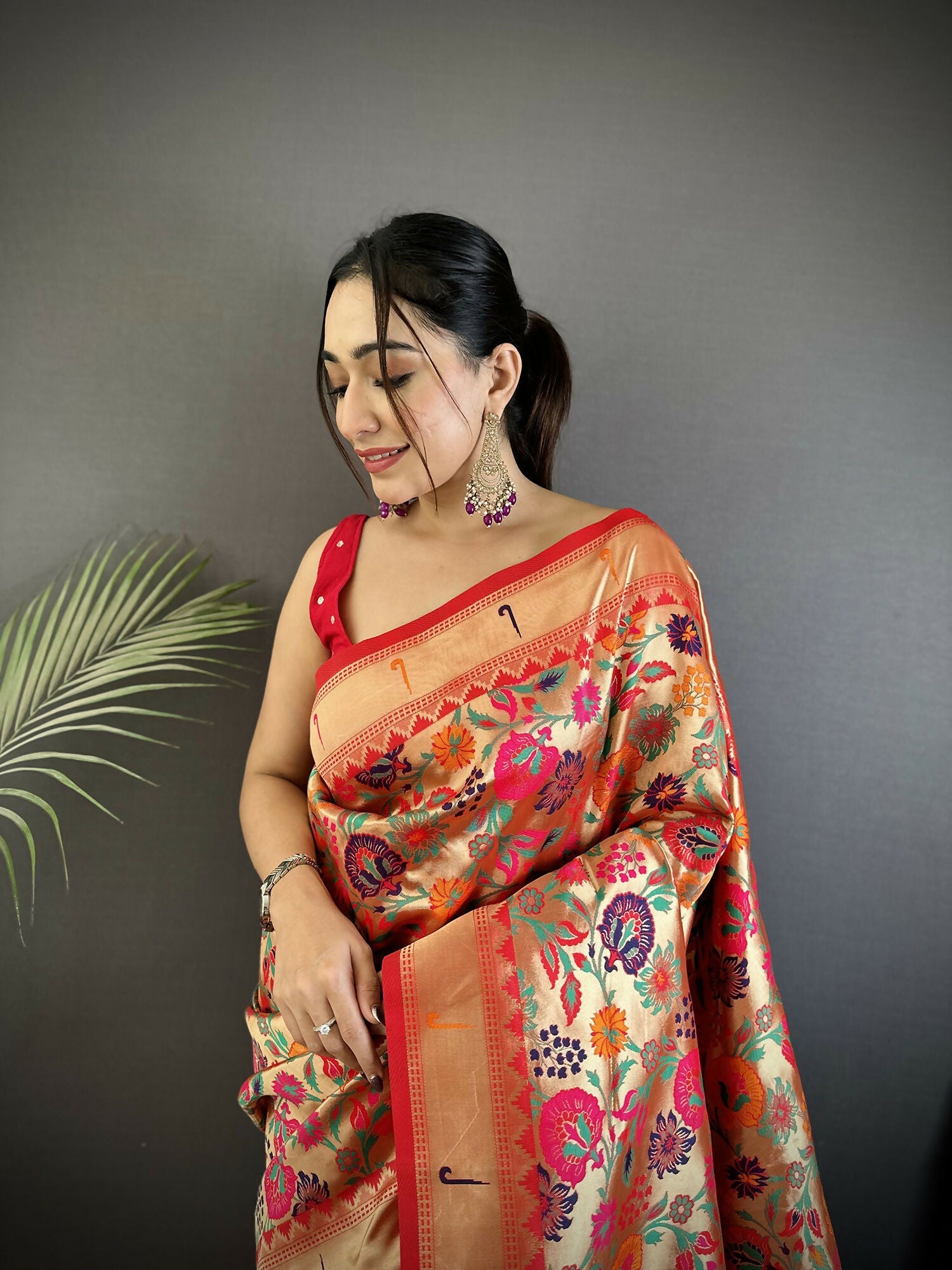 Joban Fashion Orange Floral & Potentially Peacock Soft Silk Paithani Saree | Grocsy