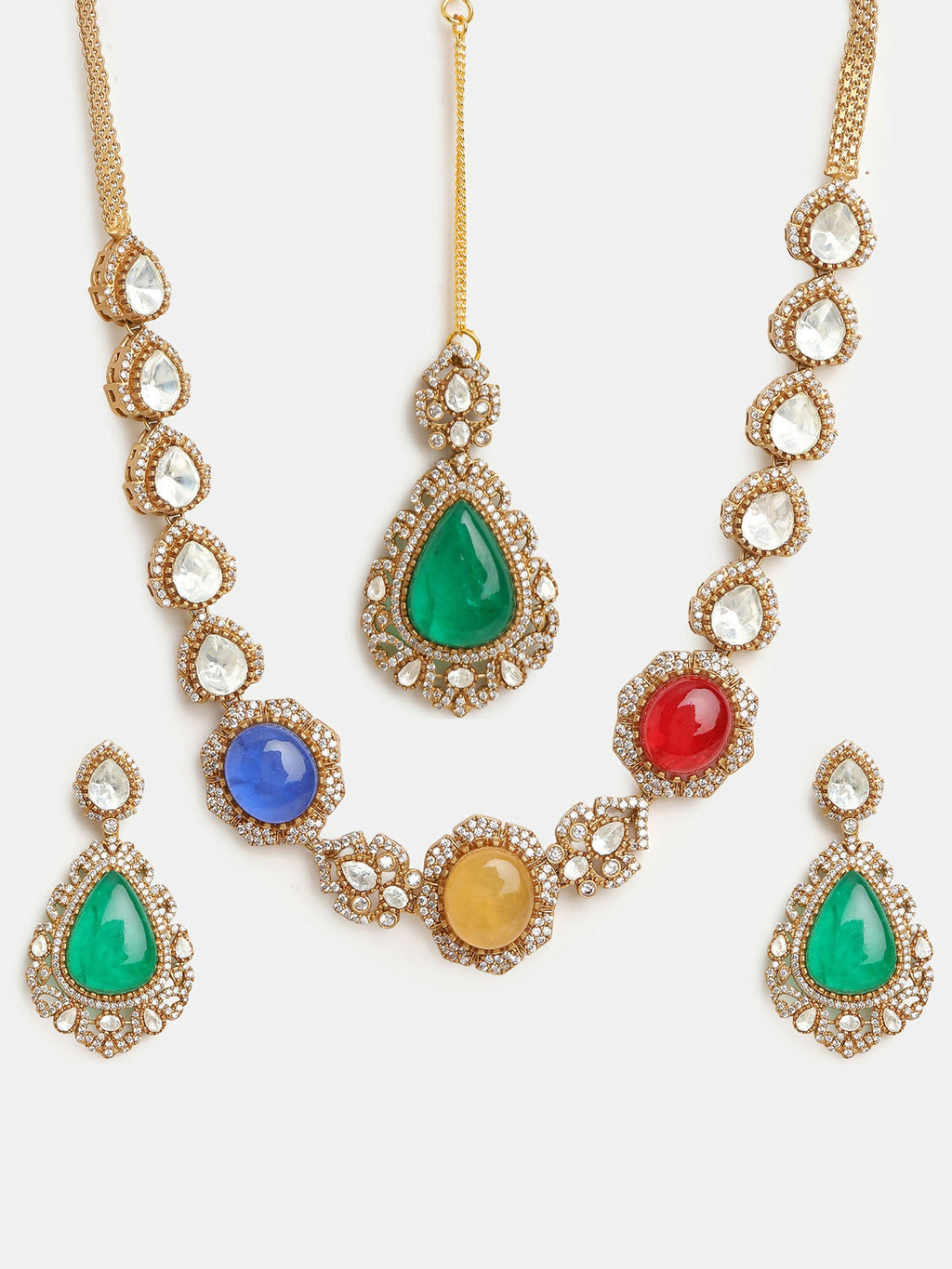 Ruby Raang 22k Gold Polished Stonework Kundan Necklace With Earrings And Maang Tikka | Grocsy