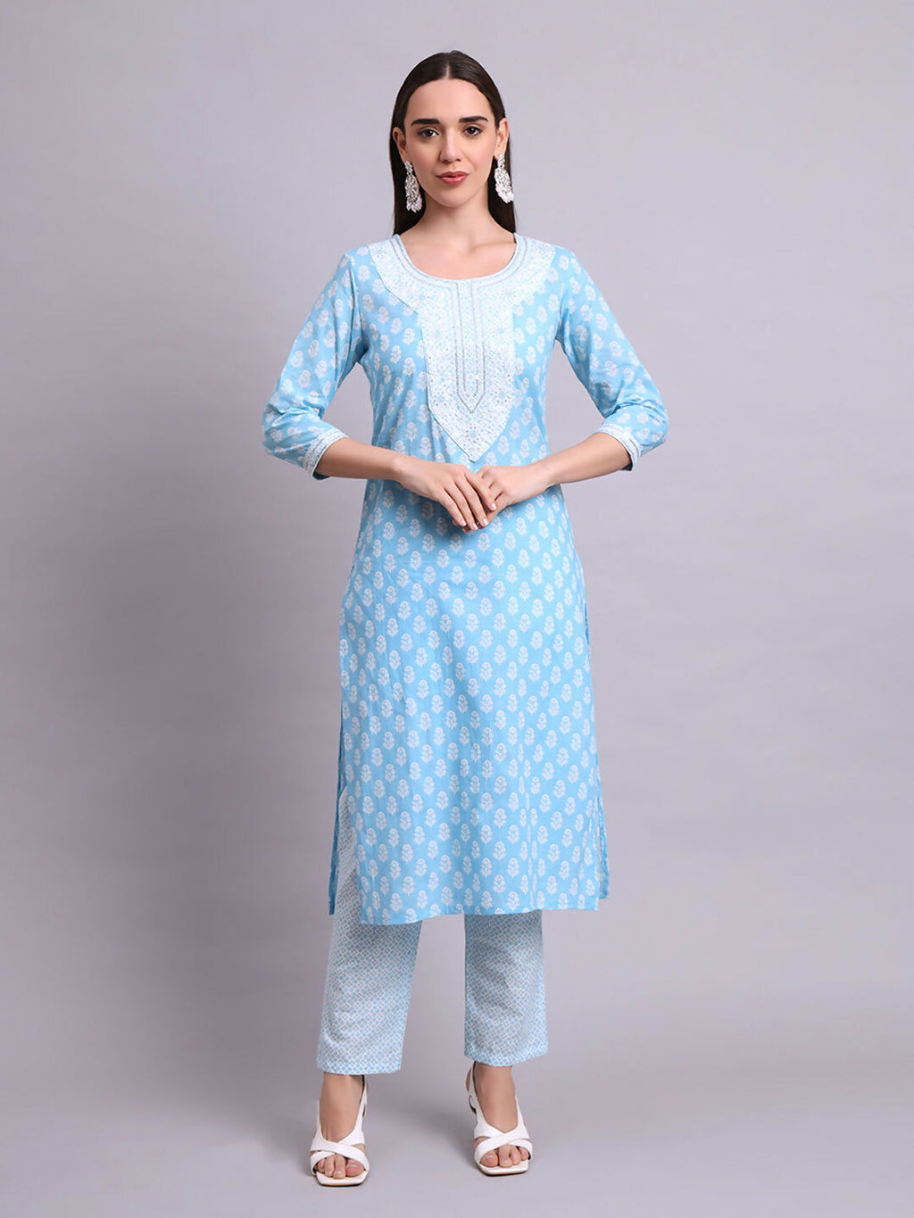Joban Fashion Sky Blue Cotton Buti Printed & Embroidery Work Kurta With Trousers & Dupatta Set | Grocsy