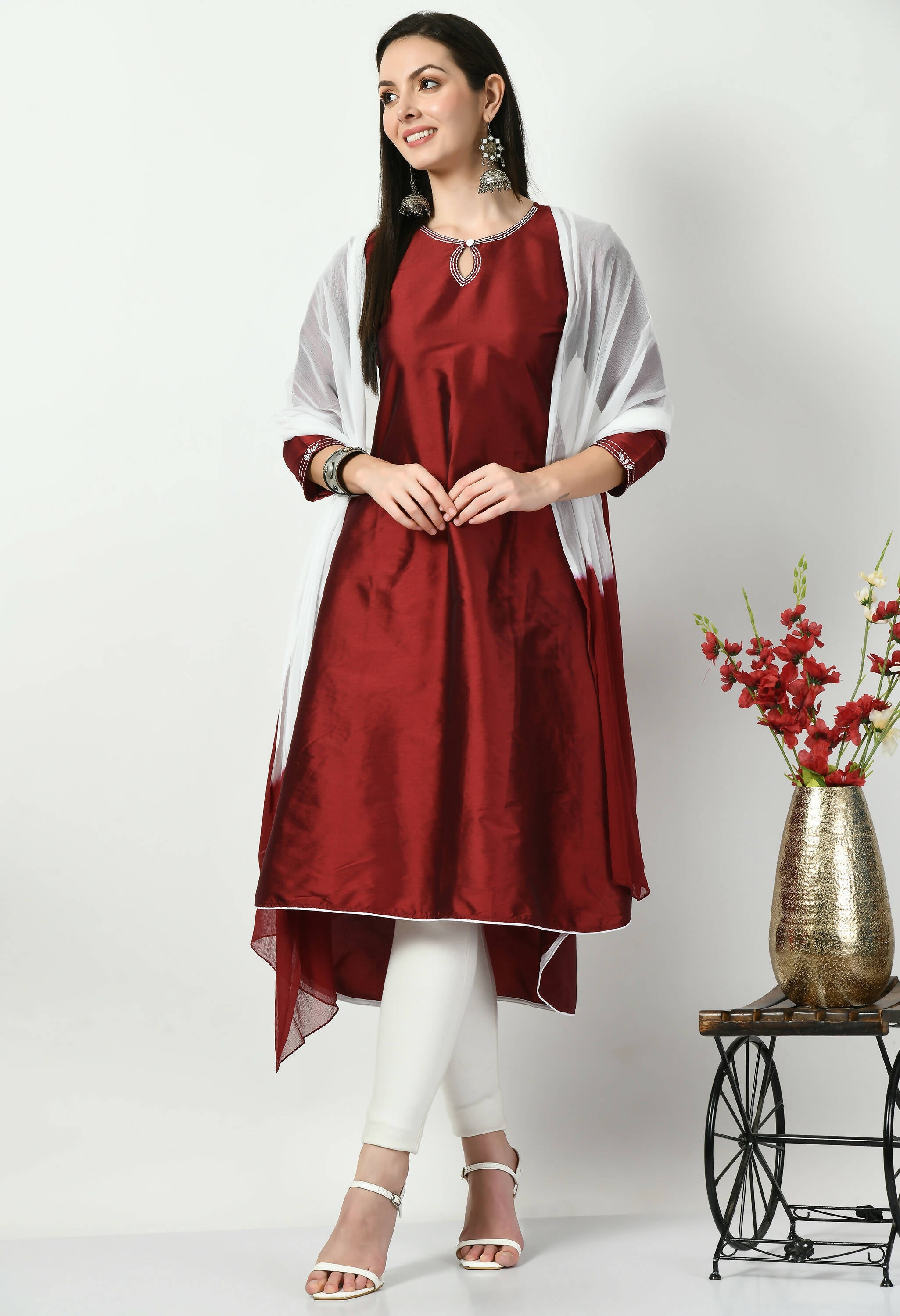 Women's Maroon Embroidered Polysilk Kurti With Lycra Pant Double Dyed Dupatta - G & A Apparels | Grocsy