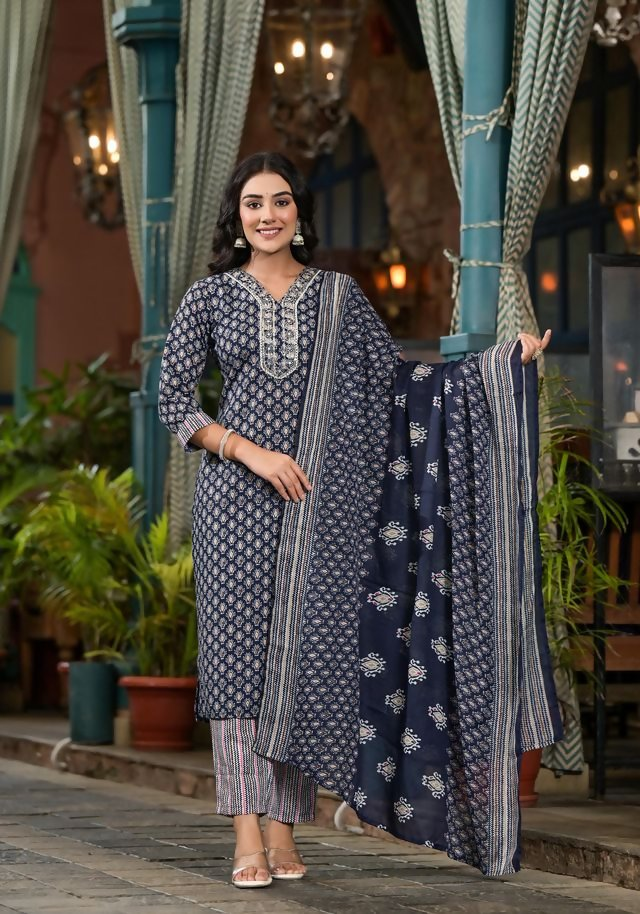 Juniper Women's Navy Ethnic Motif Printed Cotton Kurta Pant And Dupatta Set With Mirror Work & Sequins | Grocsy
