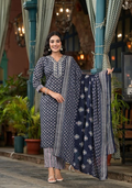 Juniper Women's Navy Ethnic Motif Printed Cotton Kurta Pant And Dupatta Set With Mirror Work & Sequins | Grocsy