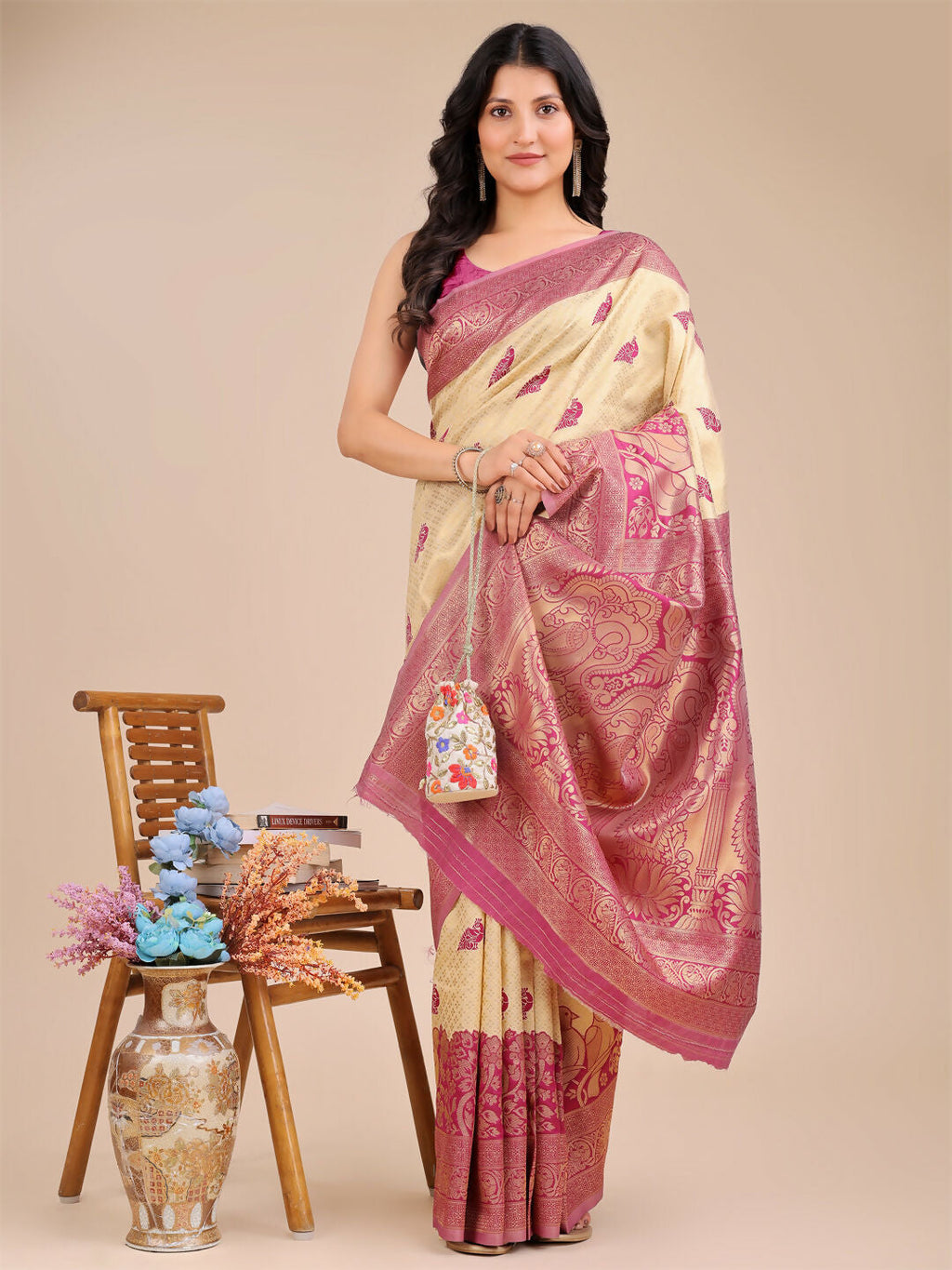Shree Shyam Fashion Banarasi Silk Cream & Magenta Saree | Grocsy