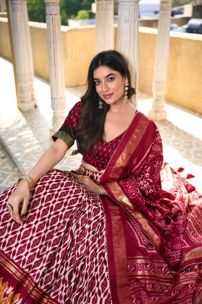 Vastranavya Designer Ikkat Print With Foil Work Lehenga Choli - Maroon | Grocsy
