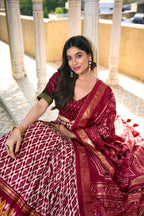 Vastranavya Designer Ikkat Print With Foil Work Lehenga Choli - Maroon | Grocsy