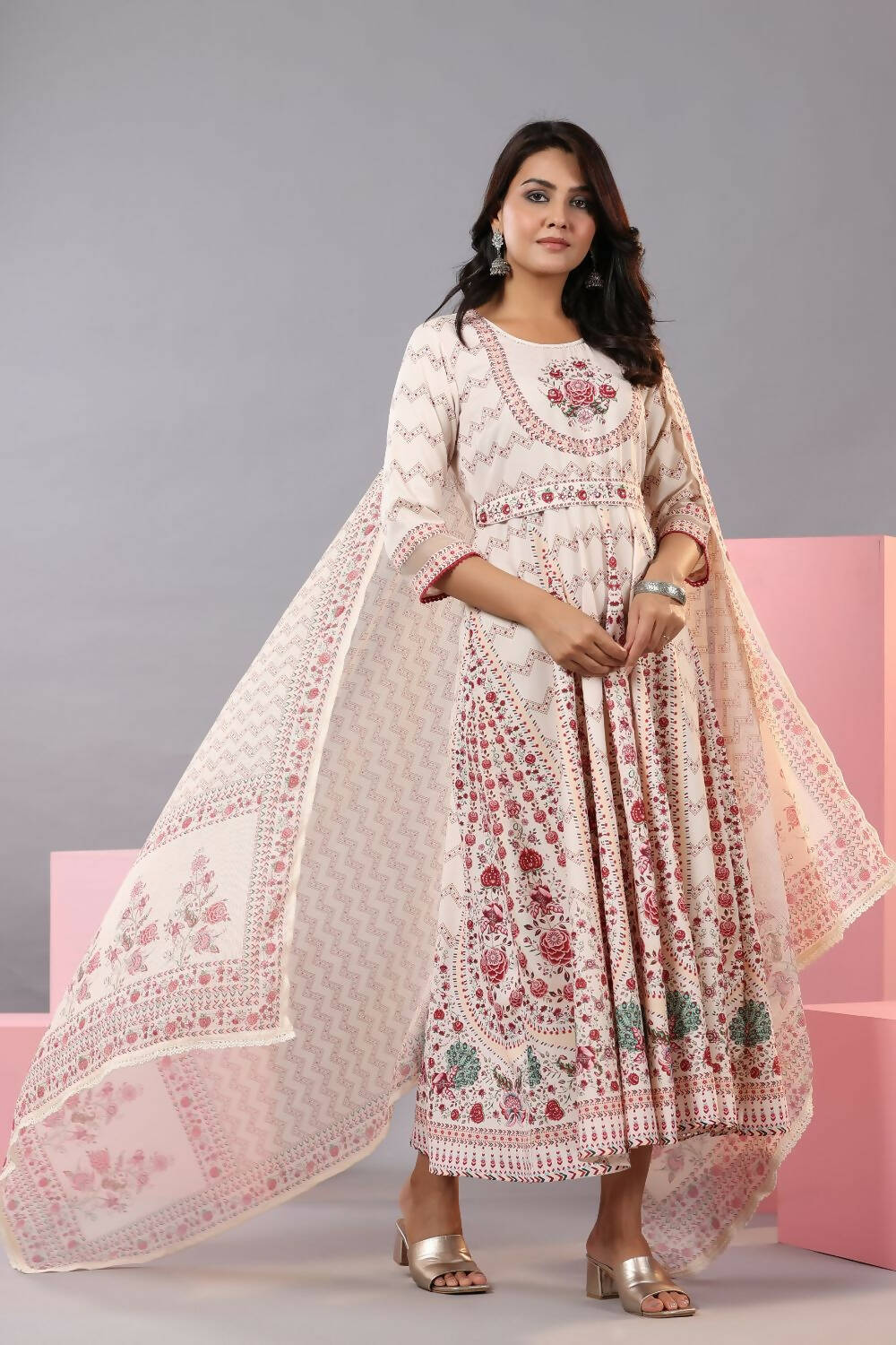 Juniper Women Ecru Rayon Floral Printed Kurta and Dupatta Set | Grocsy