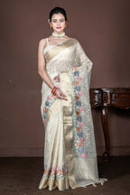 Morchari Beige Banarasi Tissue Computer Embroidery Saree Unstitched Blouse | Grocsy