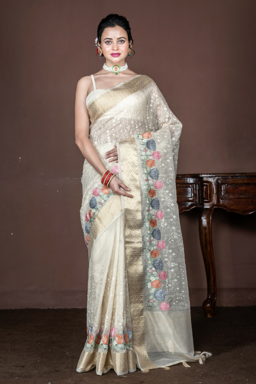 Morchari Beige Banarasi Tissue Computer Embroidery Saree Unstitched Blouse | Grocsy