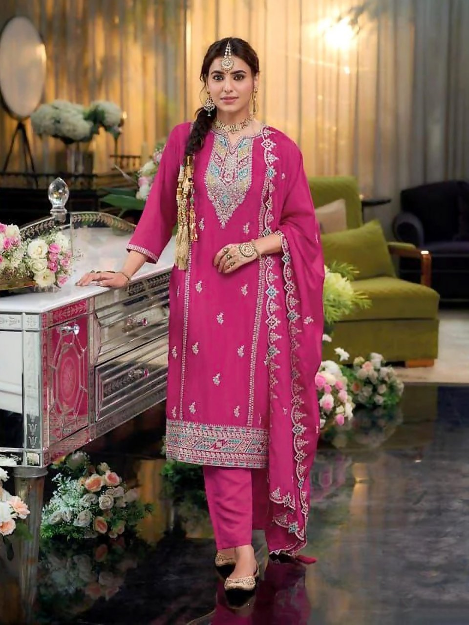 Anaita Rani Pink Heavy Chinon Readymade Suit with Embroidery & Sequence Work | Grocsy