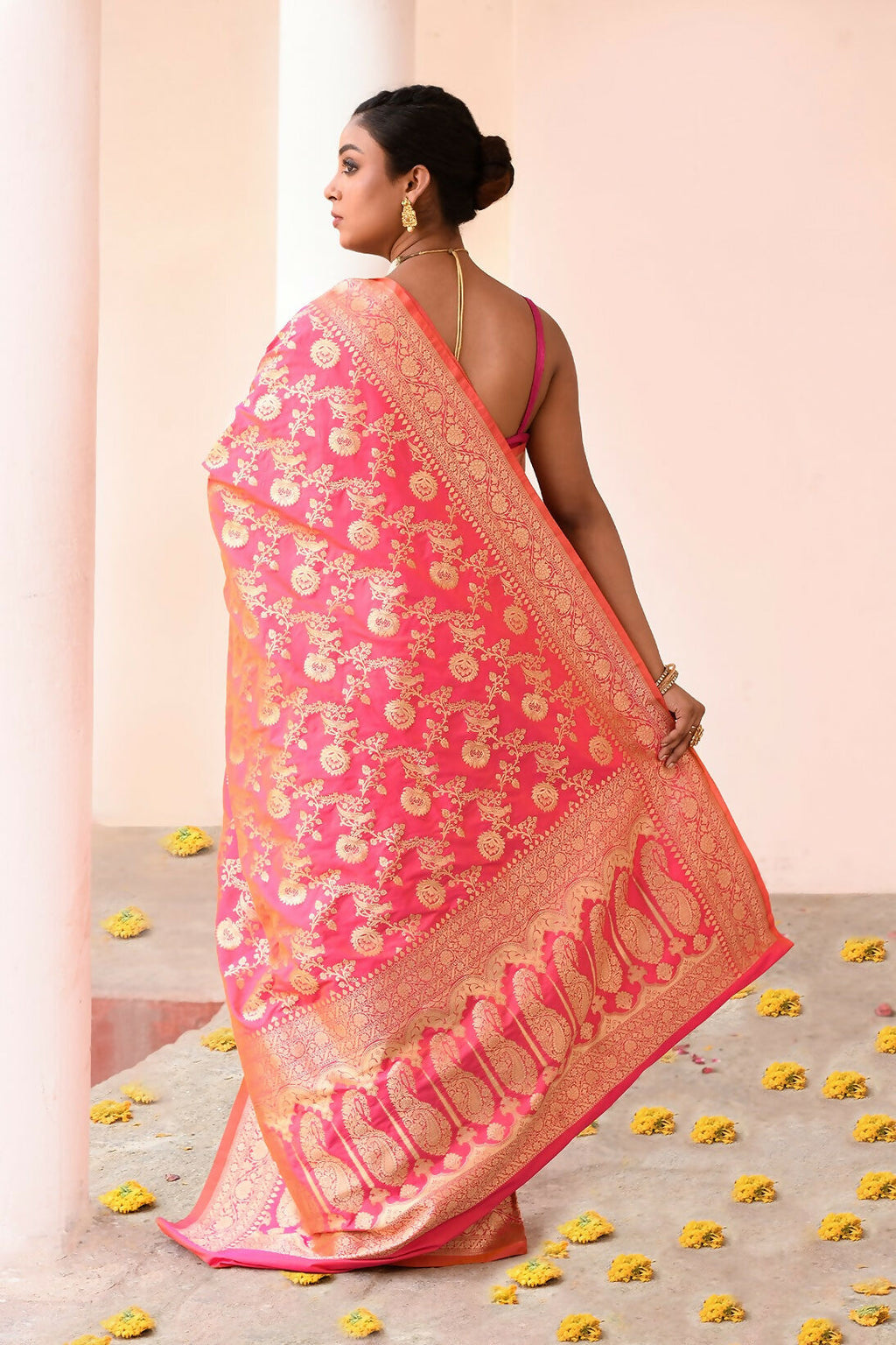 Joban Fashion Pink Peach Soft Pure Handloom Banarasi Silk Saree | Grocsy