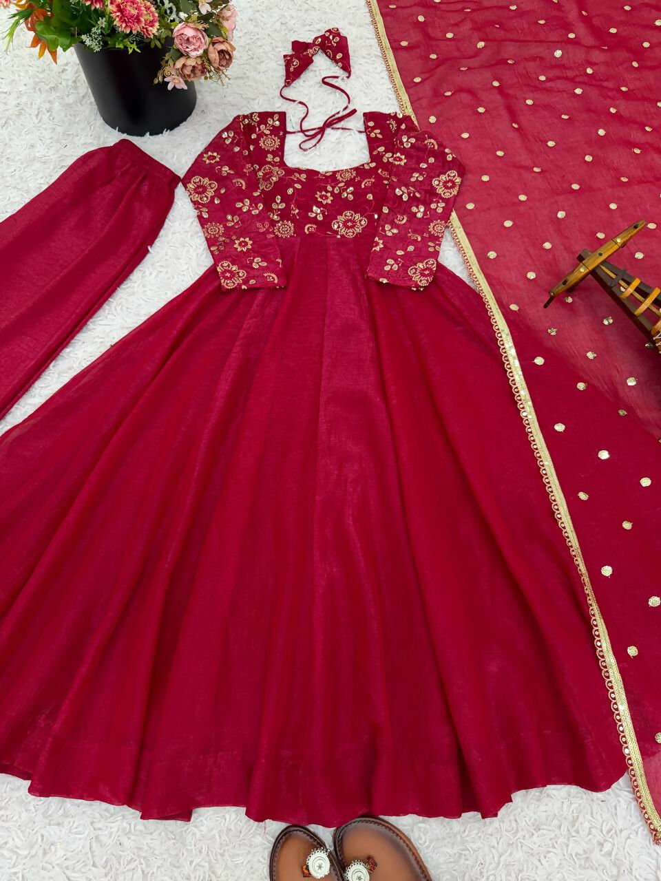 Teeya Creation New Trendy Stylish Elegant Finish With Full Flair Pink Gown Set | Grocsy