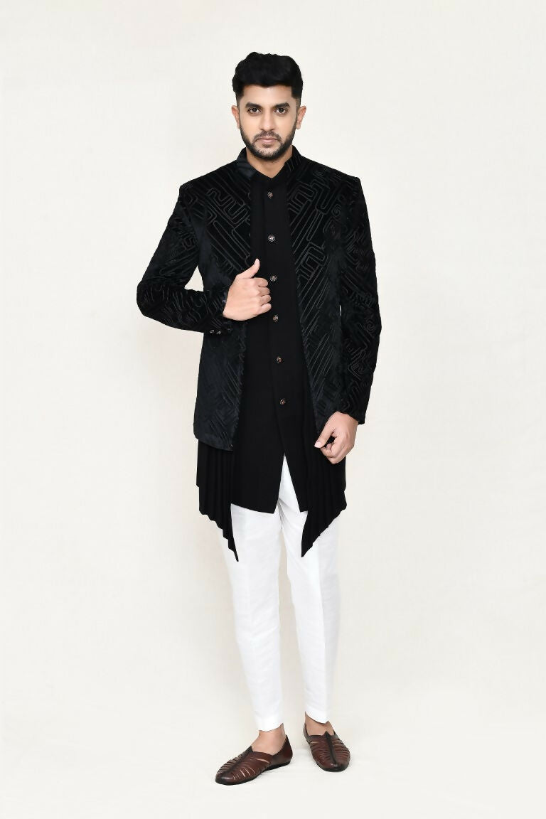 Joban Fashion Black Colored Velvet Based With Full Embroidered Fabric Open Jacket, Indo Western With Pant | Grocsy