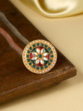 NVR Women's Traditional Kundan Meenakari Gold-Polished Ajustable Finger Ring | Grocsy