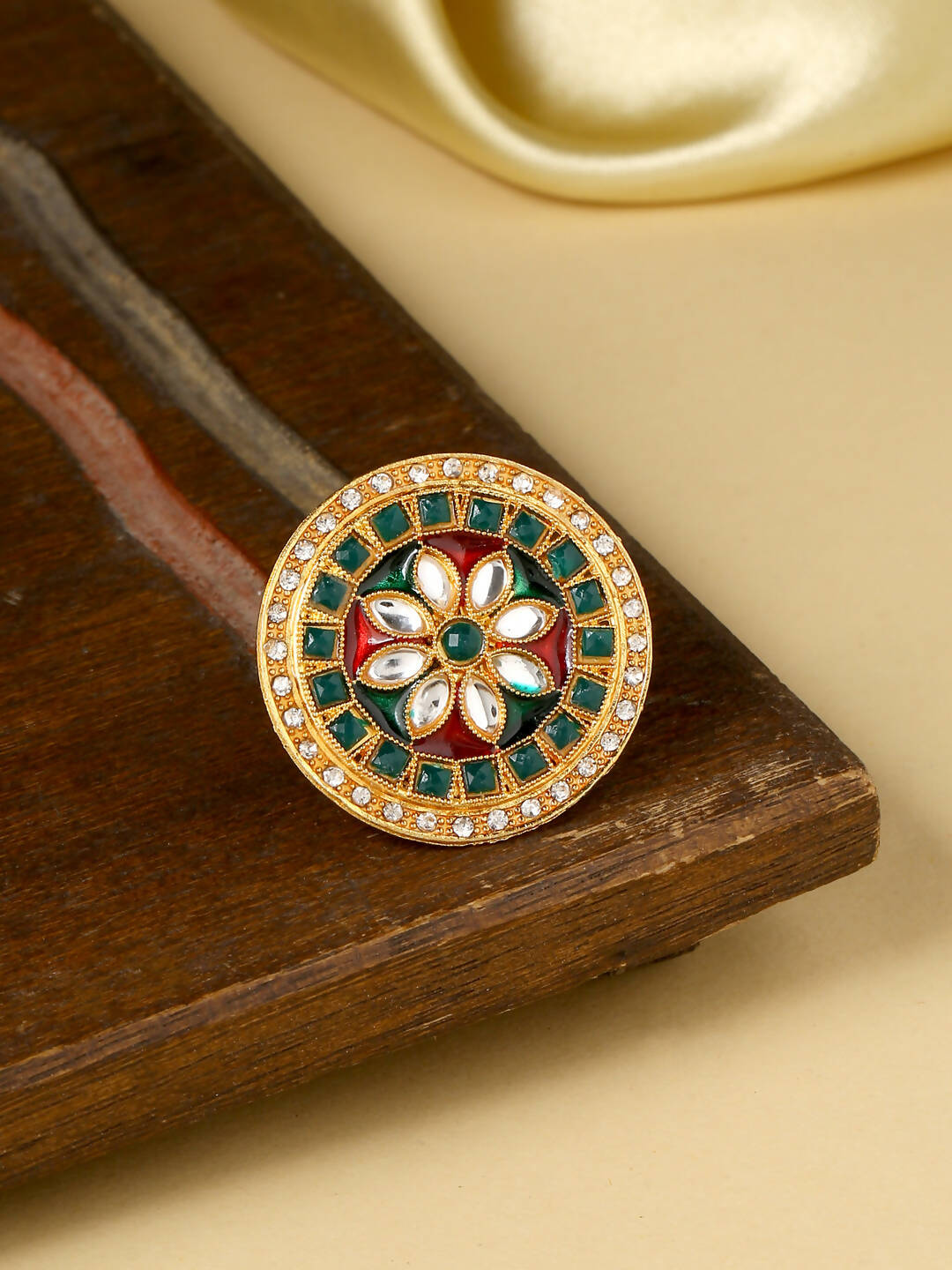 NVR Women's Traditional Kundan Meenakari Gold-Polished Ajustable Finger Ring | Grocsy