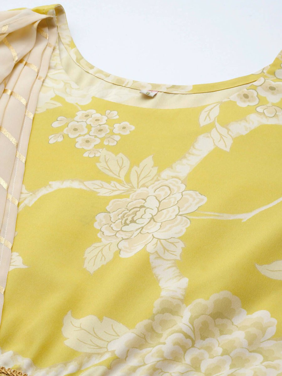Ahalyaa Womens Lemmon Yellow Crepe Digital Printed Drapped Dress | Grocsy