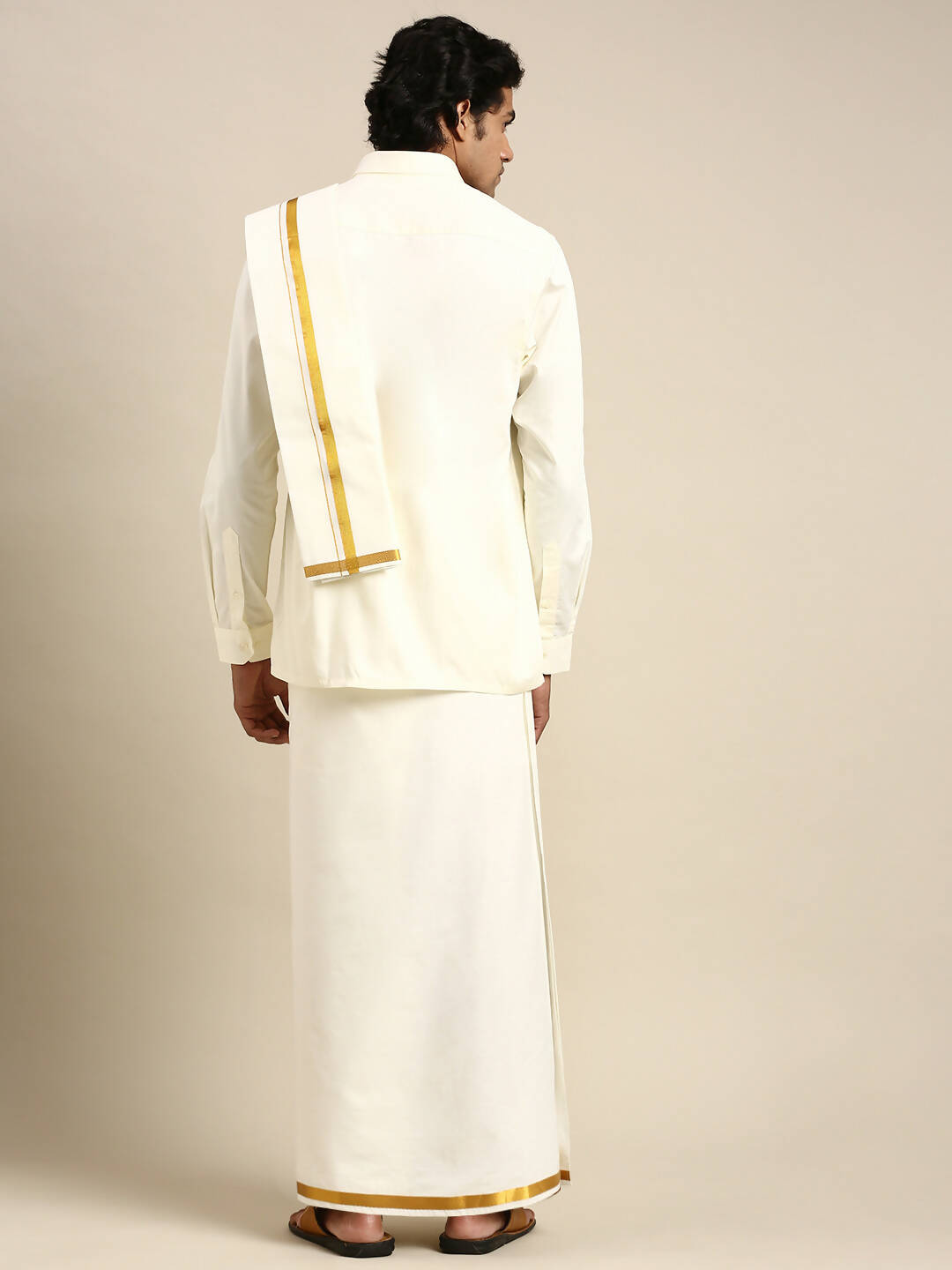 Ramraj Cotton Premium Wedding Cream Regular Dhoti, Shirt & Towel Set Arathi 3/4" | Grocsy