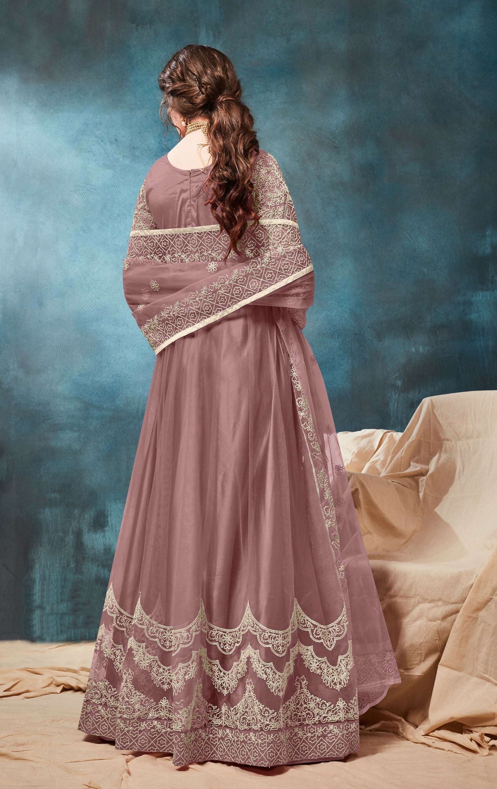 Anaita Light_Brown Embroidered Net Anarkali Suit | Grocsy