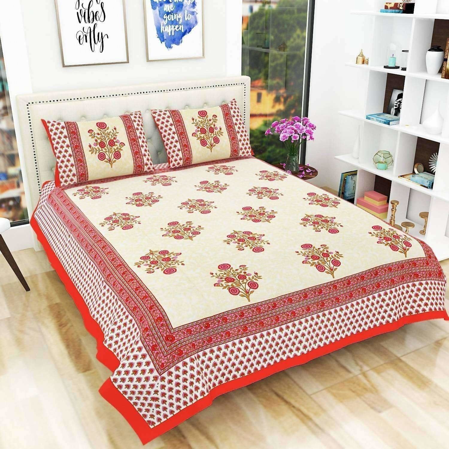 Floral Print Queen Size 90x108 Inches Jaipuri Flat Bed Sheet Bedspread with 2 Pillowcases | Grocsy