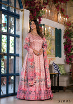 Partywear Designe rPeach Dola Silk Anarkali suit with Dupatta - Samyukta | Grocsy