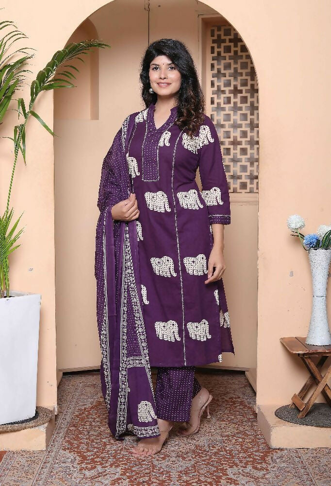 Miravan Womens Purple Cotton Animal Print Kurta With Palazzo And Dupatta | Grocsy