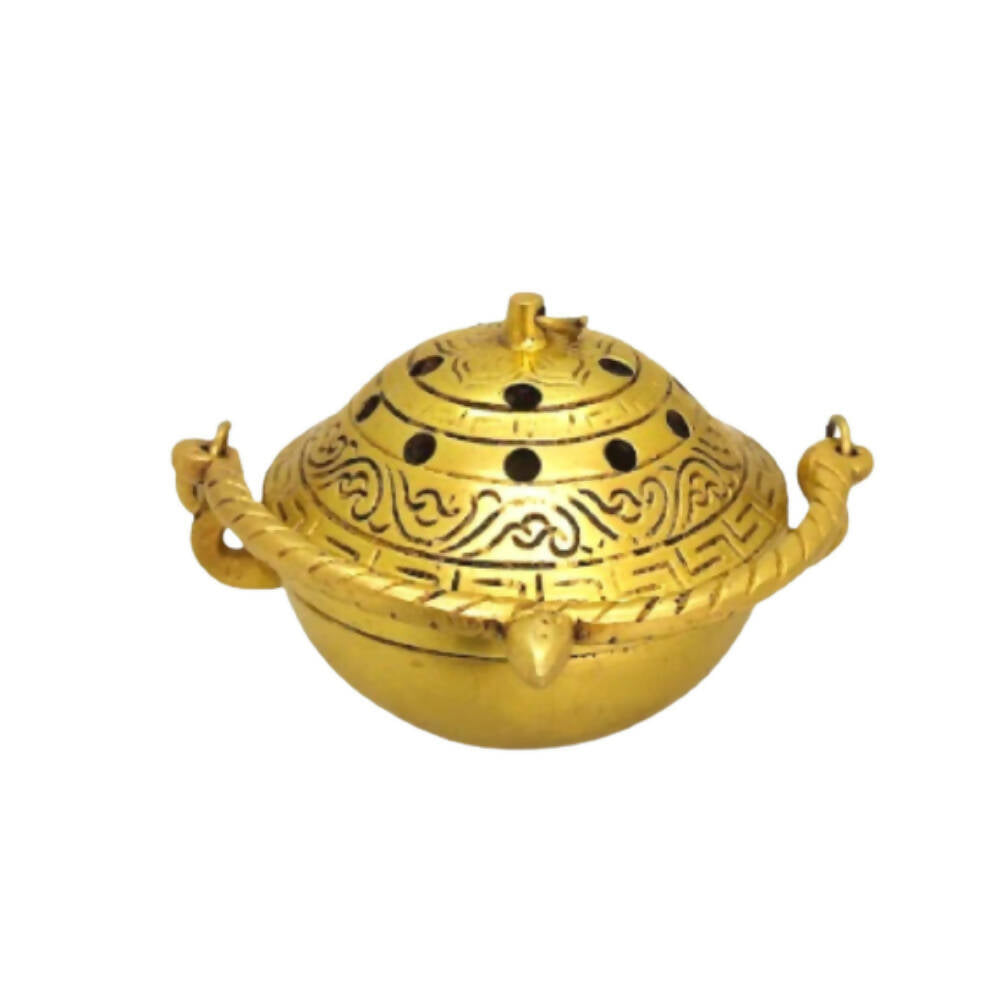 Tamas Brass Small Dhoop Burner with Handle and Lid (Golden) | Grocsy