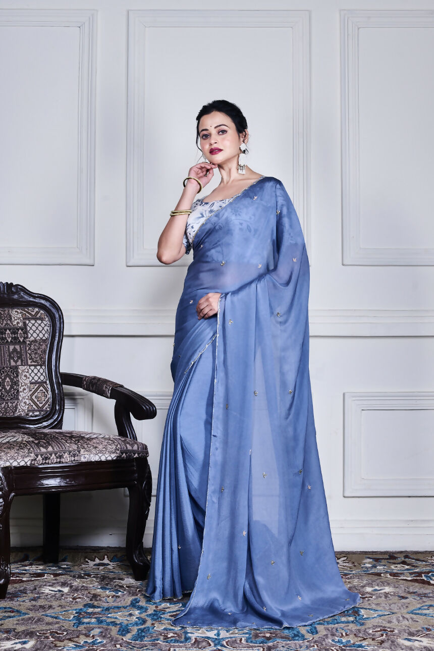 Morchari Grey Chiffon Hand Embroidery Saree And Stitched Blouse | Grocsy