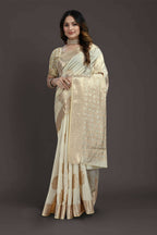 Off White Pure Raw Silk Zari Woven Saree with Unstitched Blouse Piece - Alisha | Grocsy