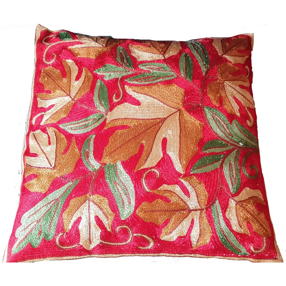 The Decor Nook Hand Embroidered Crewel Cushion Covers in Mustard/ Off White Chinar Leaf Motif with Red Base | Grocsy