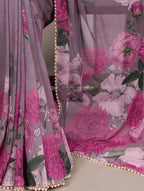Vastranavya Grey Weightless Marble and Floral Printed Georgette Saree with Unstitched Blouse | Grocsy