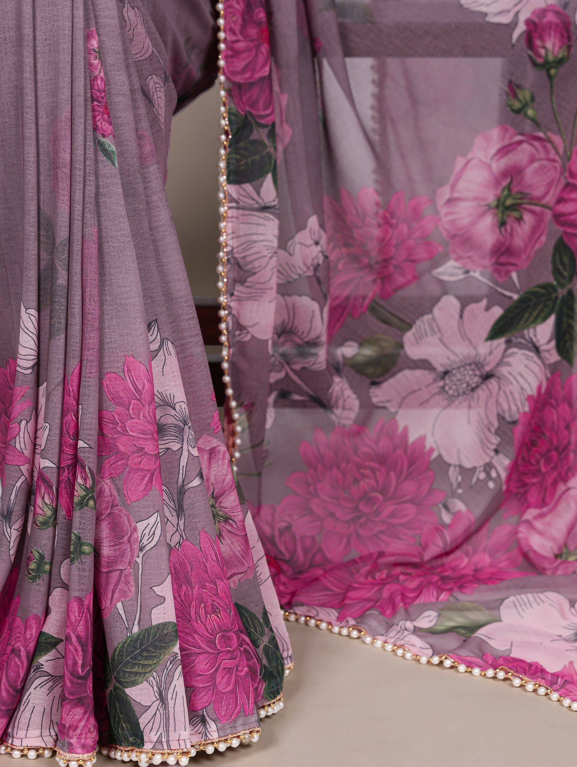 Vastranavya Grey Weightless Marble and Floral Printed Georgette Saree with Unstitched Blouse | Grocsy