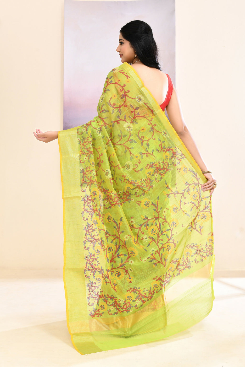 Piyari Fashion Women's Olive Embellished Cotton Blend Printed Saree | Grocsy