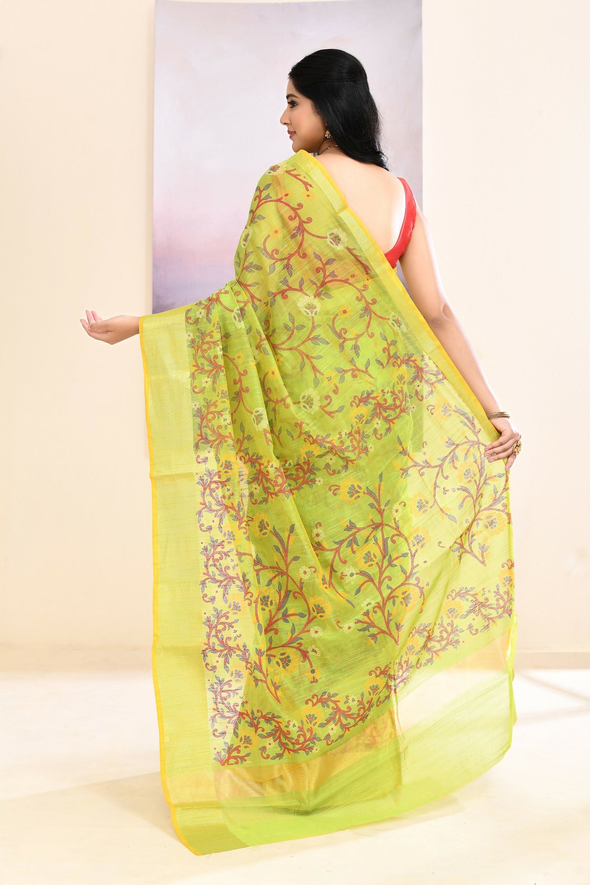 Piyari Fashion Women's Olive Embellished Cotton Blend Printed Saree | Grocsy
