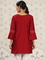 Red Chinon Embroidered Straight Top - Zeny | Grocsy