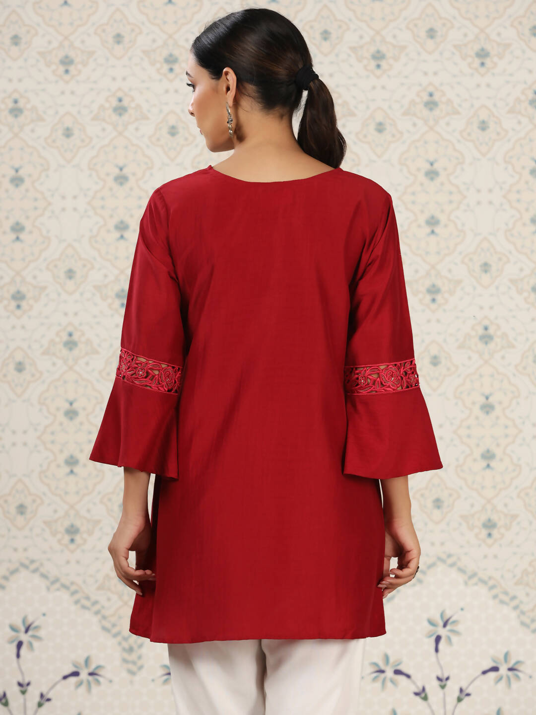 Red Chinon Embroidered Straight Top - Zeny | Grocsy
